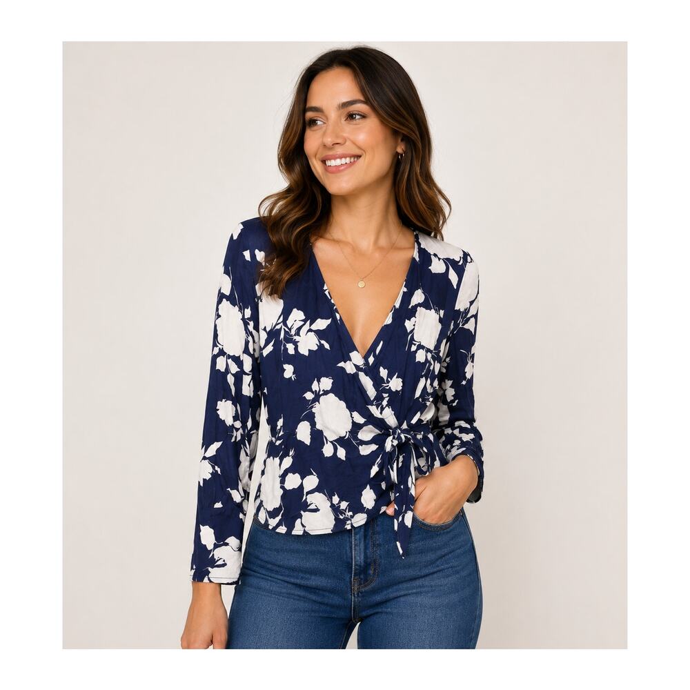 Talbots Petite Blue White Floral Wrap Blouse Size SP